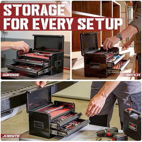 OLY-PRO 10-Inch Mini Toolbox with 2 Drawers & Top Storage - Black, Steel, Ball-Bearing Slides