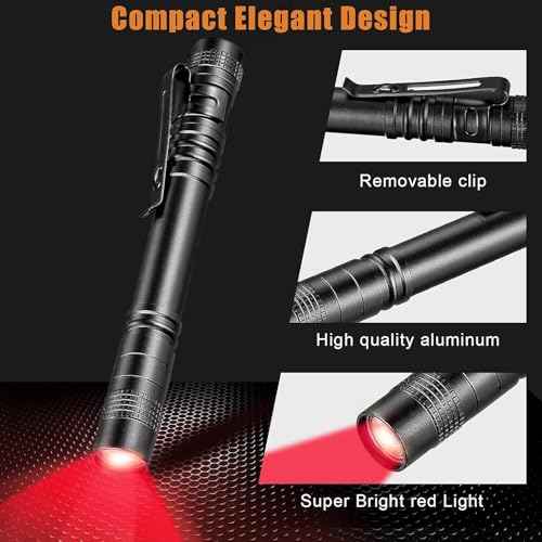 Tuanse 2 Pcs Red Light Flashlight Red LED Flashlight Pen Light Bright Torch for Night Astronomy Aviation Observation Turtle Safe Beach
