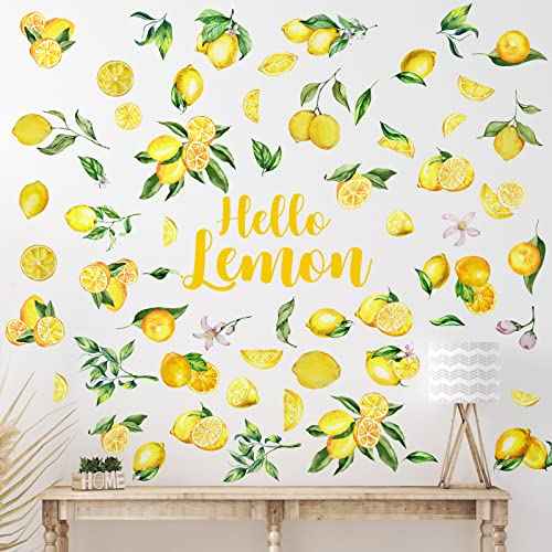 6 Sheet Lemon Wall Decals Decor Peel and Stick Wall Stickers Art for Kitchen Boho Fruit Flower Botanical Leaf Decals Yellow Green Lemonade Wallpaper Summer Lemon Stickers for Living Dining Room
