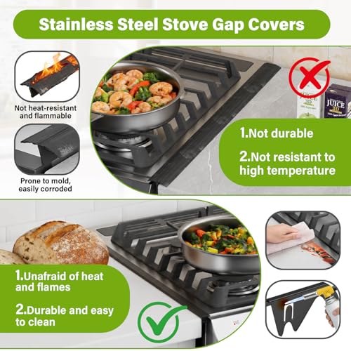 Stainless Steel Stove Gap Covers 2 Pack, Extendable 13.8–27.5 in, 0.79 in Wide, Heat-Resistant Black