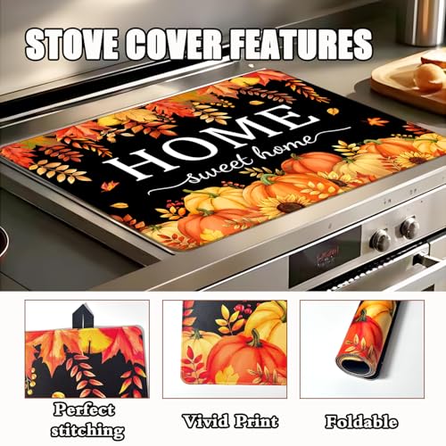Fall Pumpkin Glass Stove Top Cover 28x20 | KAPLIPE Hello Fall Maple Leaves Black