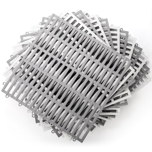 12 Pcs 12"x12" Interlocking Shower Floor Tiles, Non-Slip Drainage Pool Mat with Hole, Rubber Modular Vented Splicing Cushion for Bathroom Deck Patio Balcony Kitchen Garage Shed Indoor, 2 Color