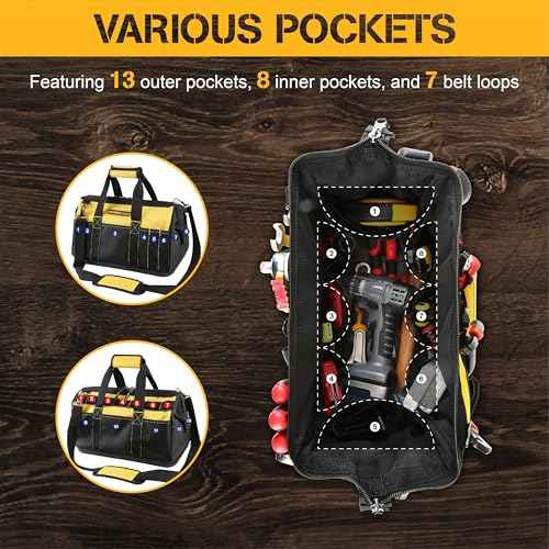 Olympia Tools 16 Inch Wide Mouth Tool Bag, Tool Tote with Water Proof Molded Base, Tool Bags for men with 21 Pockets and 7 Belt Loops, Padded Handle, Adjustable Shoulder Strap