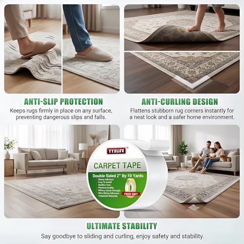 YYXLIFE Double Sided Carpet Tape 2-Inch x 10 Yards Heavy Duty Rug Adhesive