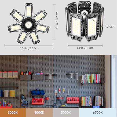 CHENGCHILIT 2 Pack 200W LED Garage Ceiling Lights, 20,000 Lumens, 7+1 Adjustable Panels, E26/E27 Socket, Bright Workshop & Storage Lighting