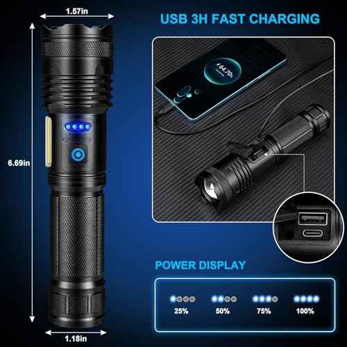 Alicegirl Rechargeable Flashlights High Lumens, 99000LM Super Bright Flashlight, Adjustable Powerful Flash Light with 8 Modes & COB Light, Waterproof Handheld Flashlight for Home Camping