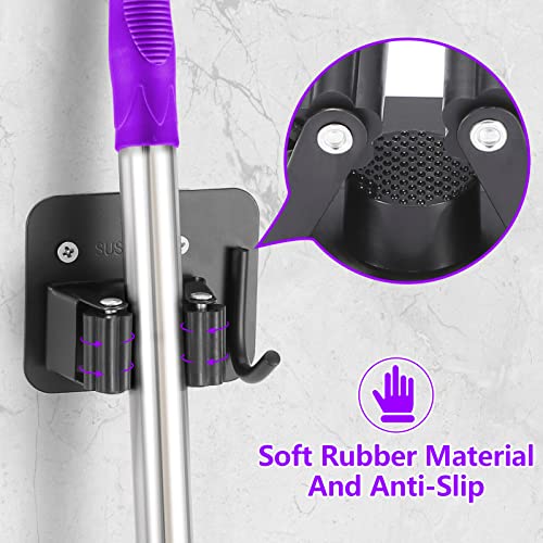 YUWANTING Black Stainless Steel Broom Holder - Heavy Duty Wall Mount Organizer with 4 Hooks & Grippers
