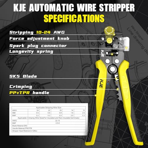 KJE Self-Adjusting Wire Stripper, 3 in 1 Stripper/Cutter/Crimping Heavy Duty Automatic Electrical Wire Strippers for 10-24 AWG,crimping for 10-22 AWG and cutting