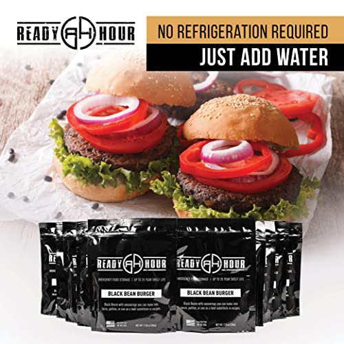 Ready Hour Black Bean Burger Mix - 25-Year Shelf Life, Vegan Emergency Food Supply, Includes 10 Resealable Pouches, 60 Servings
