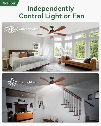 Sofucor 52 Inch Black & Brown Smart Ceiling Fan with Light, Alexa & Google Compatible