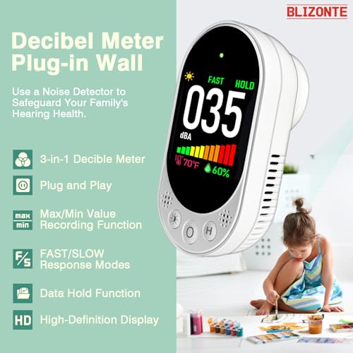 Blizonte White 3-in-1 Plug-In Decibel Meter with Temp & Humidity – Fast/Slow Refresh, MAX/MIN, Data Hold