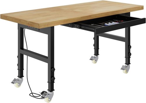 Pelnuies 60" Work Bench with Wheels, Adjustable Height Workbench with Drawers, Heavy-Duty Work Table with Power Outlets, 2000 LBS Capacity Workstation for Garage, Workshop, Office, Home