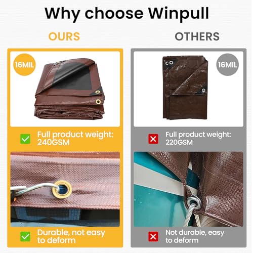 Winpull 10x20FT Heavy Duty Waterproof Tarp Brown/Black 16mil UV Resistant Outdoor Cover