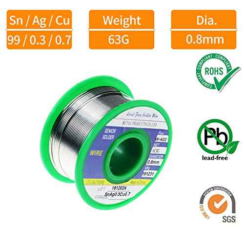 Makeronics Soldering Starter Kit for Electrical | 0.14 lb/62g 0.8mm Solder Wire Rosin Core Sn99 Ag0.3 Cu0.7 | Iron Tip Cleaner with 3 Brass Ball | Helping Hands Aid