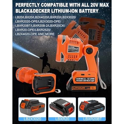 Cordless LED Flashlight for Black and Decker 20v Battery, 22W LED Work Light with USB-A&USB-C 2.1A Fast Charging Ports for Jobsite, Car Repairing, Camping, Emergency