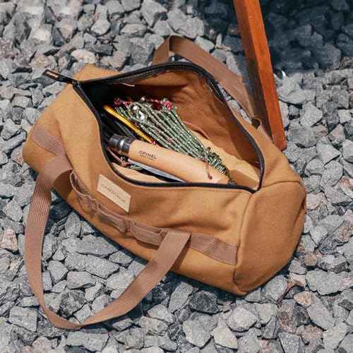 TBACW Canvas Tool Storage Bag with Zipper - Organizer for Tools, Tent Stakes & Poles, Durable Fabric Utility Pouch for Outdoor Hunting Hiking Camping Gear (Khaki)