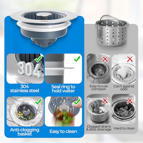 ZAa 3-in-1 Silver Kitchen Sink Drain Strainer Stopper with Removable Basket