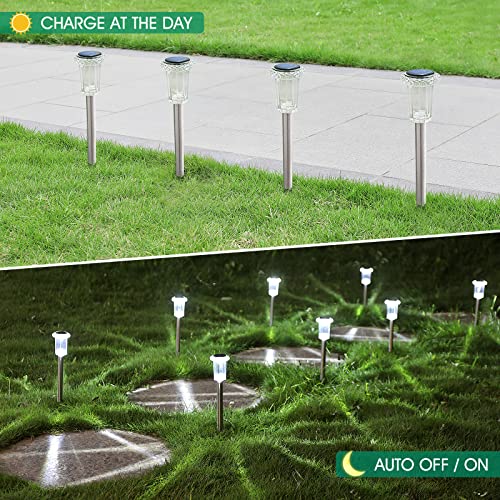 Eyrosa Cool White Solar Pathway Lights 10 Pack Waterproof Stainless Steel Stake Lights for Garden Yard Driveway Outdoor Decor