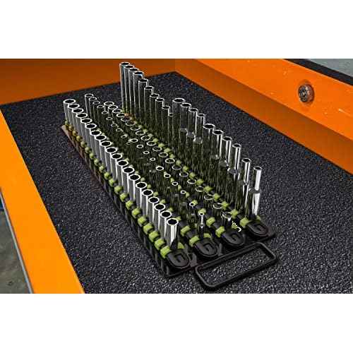 Olsa Tools Portable Socket Organizer Tray | Black Rails with Green Clips | Holds 80 Sockets | Professional Quality Socket Holder