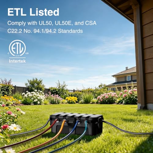 Flemoon Black Outdoor Electrical Box with 6 Cable Ports - Waterproof Extension Cord Cover, ETL Certified, Weatherproof Power Connection Box, 1 Pack