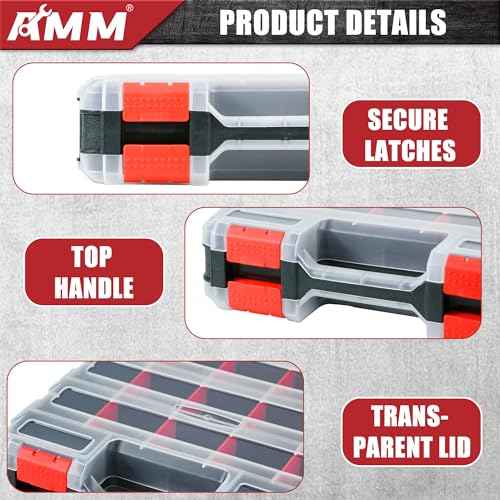 AMM Tool Box, Double Side Tool Box Organizer with 34 Compartments, Removable Dividers, Tackle Box Small Parts Screw Hardware Organizer for Screws, Nuts, Nails and Bolts (2 Piece, Red)