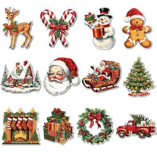 Harloon 24 Pcs Large Christmas Wall Clings Vintage Christmas Wall Stickers Santa Snowman Gingerbread Man Reindeer Xmas Tree Wreaths Stockings Decals for Xmas Home Classroom School Party Decor Supplies