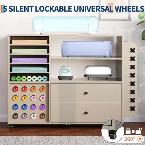 SunnyFurn 42'' Grey Cart for Cricut - Large Craft Table Workstation with 2 Drawers