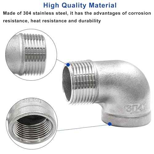 Murtenze 2Pcs 304 Stainless Steel 90 Degree Elbow with 2 Tape - 3/4inch NPT Threaded Pipe Fitting Female x Male, Cast Pipe Fittings