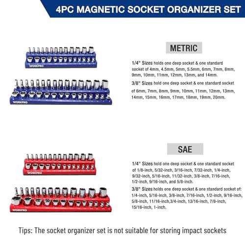 WORKPRO Magnetic Socket Organizer Set, 4-Piece Socket Holder Set Includes 1/4", 3/8" Drive Metric & SAE Socket Trays, Holds 108 Pieces Standard and Deep Size Sockets (Sockets not Included)
