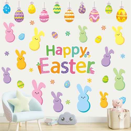 Happy Easter Wall Stickers Bunny Rabbit Egg Daisy Wall Decals Room Mural Stickers for Spring Party Home Nursery Decor, 7.9 x 11.8 Inch, 9 Sheets