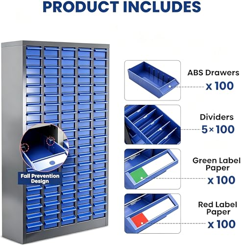 100-Drawer Parts Storage Cabinet 26x9x46 in Heavy-Duty ABS Drawers | Nut & Bolt Organizer with 500 Dividers