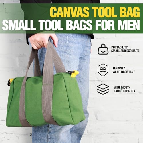Green 12 Inch Canvas Tool Bag with Zipper & Handle - Multipurpose Organizer for Electrician, Plumbing, Gardening Tools