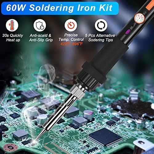 Soldering Iron Kit, 60W 110V Adjustable Temperature Soldering Iron with 5PCS Tips, Solder Wire, Stand, Welding Tool for Repair, Electric Repairing, DIY
