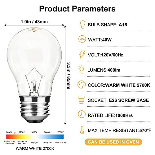 Spolico 40W A15 High-Temp Oven Light Bulb 120V E26 2700K 400lm 4Pack