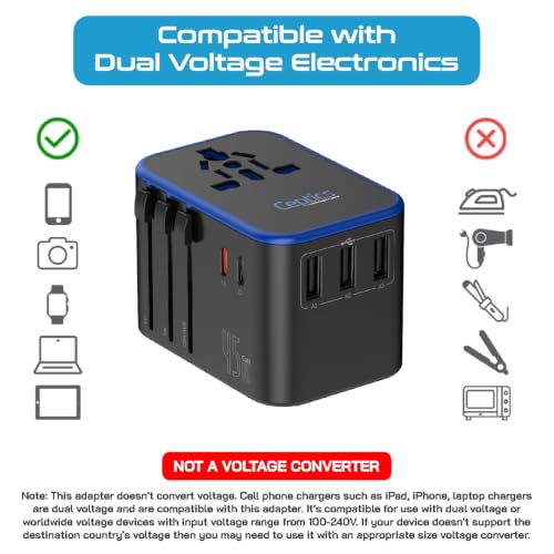 Ceptics 45W Universal Travel Adapter with 3 USB-A, 2 USB-C Ports - Black