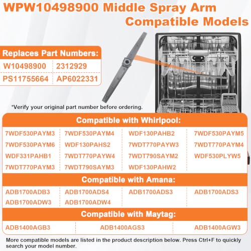 WPW10498900 Center Spray Arm Replacement for Whirlpool Maytag
