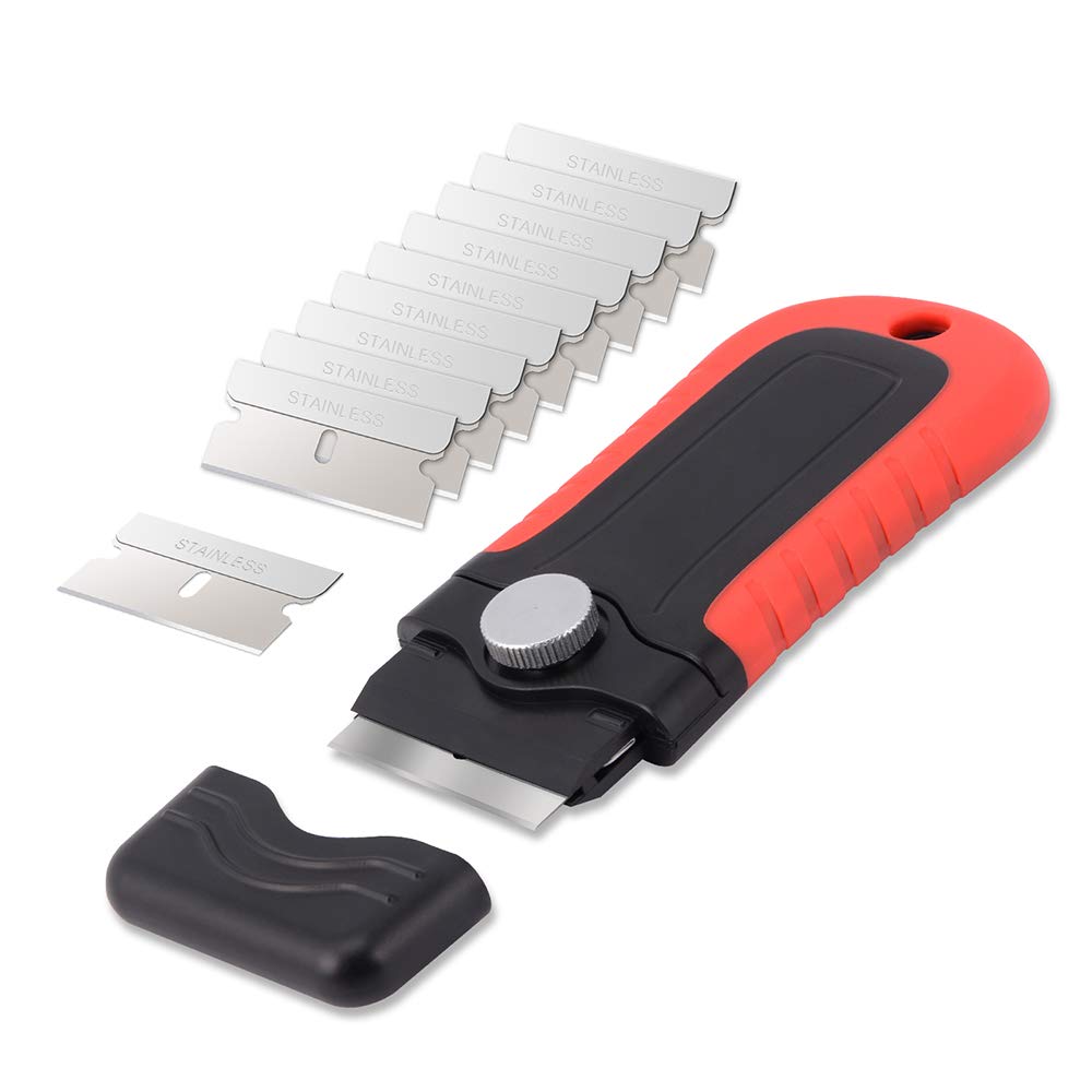 Gomake Razor Blade Scraper Tool with Blade Storage Container, Glass Cooktop Stove Scraper with 10PCS Stainless Steel Blades for Glass Clean,Paint,Old Label,Decal Sticker,Adhesive Remover