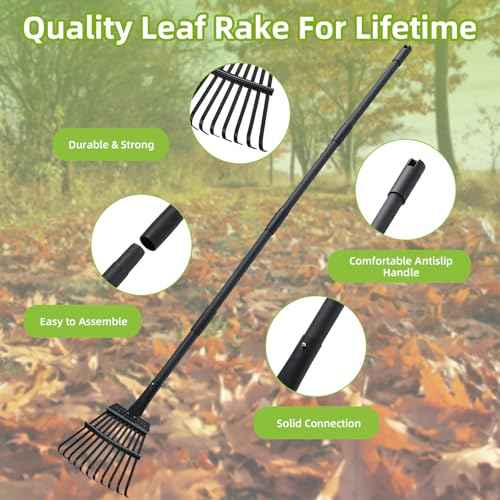 Small Rake for Gardening 63 Inch Adjustable Heavy Duty Garden Leaf Rakes Garden Tools 11 Metal Tines Small Garden Rake for Shrub Flower Bed Mulch Camping, Black