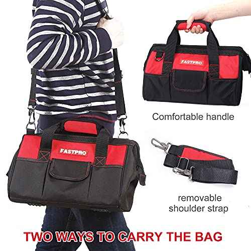 FASTPRO 14-Inch Zip-top Wide Mouth Open Storage Tool Bag, Classic Black&Red Design, Fashionable Design, 600D Polyester Fabric Material for Quality Endurance, With Adjustable Shoulder Strap