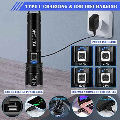 KEPEAK Flashlight, Rechargeable Flashlights High Lumens, Super Bright LED Flash Light, Powerful, Zoomable, Tactical Flashlight for Camping, Emergency