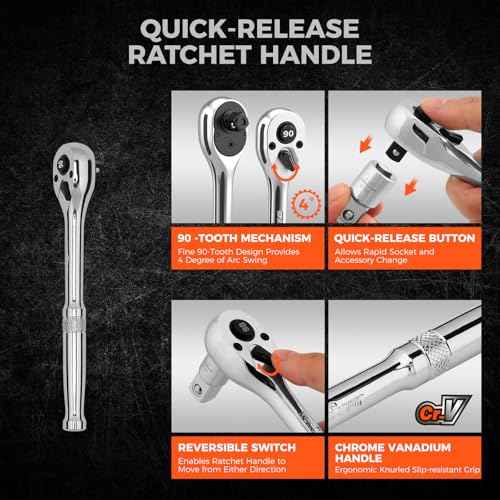 HORUSDY 1/4" Drive 90-Tooth Quick-Release Ratchet Handle with 1/4" to 3/8" Adapter, Reversible Thin Profile Socket Wrench, 4¡Æ Swing Arc, Ergonomic Anti-Slip Grip, Ideal for Auto, Bike & Home Repair