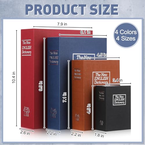 Weysat 4 Packs Diversion Book Safe with Key Lock Secret Metal Safe Box Portable Hidden Lock Box Fake Book Concealment Furniture Multiple Size for Money Jewelry