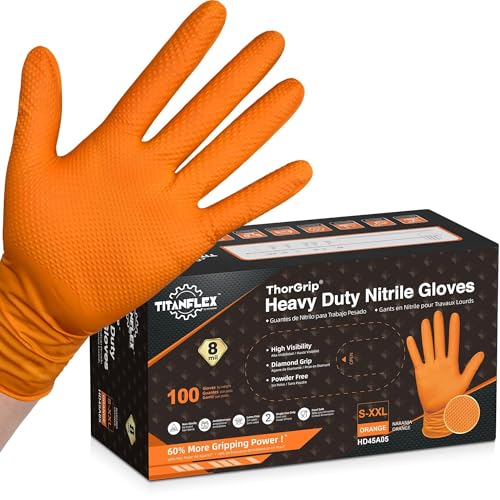TitanFlex XL Heavy Duty Disposable Nitrile Gloves 8-mil Orange, Raised Diamond Grip, Powder-Free, 100-Count
