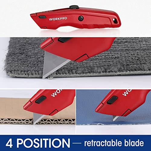 WORKPRO Red Utility Knife with Retractable Blade, Heavy Duty Box Cutter, 10 Extra Blades