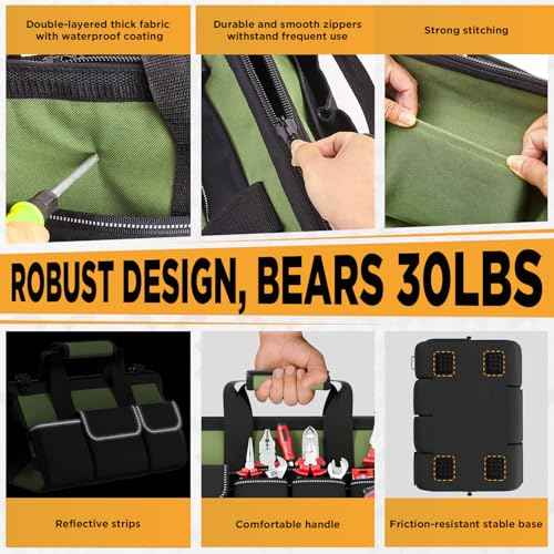 Goovilla Tool Bag 15.5 Inch with 1 Pouch | 17-Pocket Portable Tool Box Organizer Storage with Adjustable Strap, Soft Handle and Durable Zipper | Heavy Duty Tool Bags for Men, Father¡¯s Day (Green)