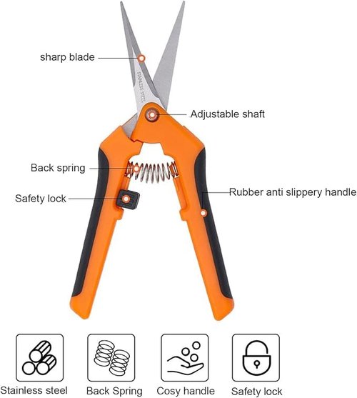 Gardening Scissors Hand Pruner Pruning Shear with Straight Stainless Steel Blades Orange