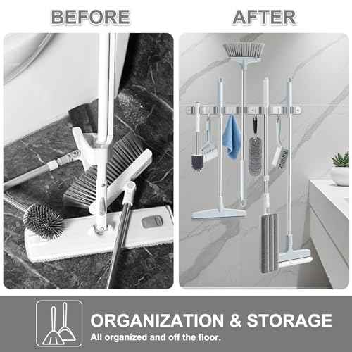 Broom Holder Wall Mount, Broom Organizer Wall Mount Stainless Steel Broom and Mop Hanger Heavy Duty Storage Organization for Home Kitchen Garden Garage Room 5 Racks 4 Hooks