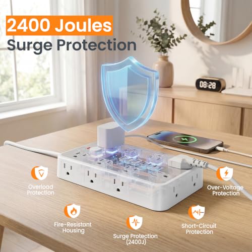 Chiefway 6 FT White Surge Protector Power Strip with 16 Outlets & 6 USB Ports