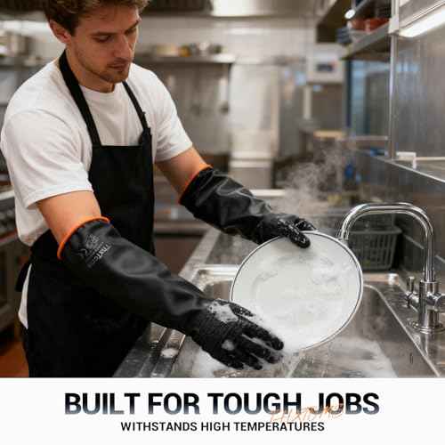 ThxToms Heavy Duty Rubber Gloves, Industrial Chemical Resistant Gloves Waterproof Reusable Protective Work Gloves for Cleaning, Dishwashing,Upgraded with Non-Slip Design, Black, 14" 1 Pair