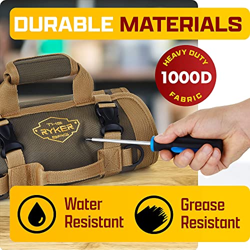 The Ryker Heavy Duty Khaki Classic Tool Roll Up Organizer with Detachable Pouches